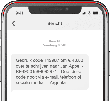Afbeelding van een smartphone met een bevestigingsbericht en code van Argenta