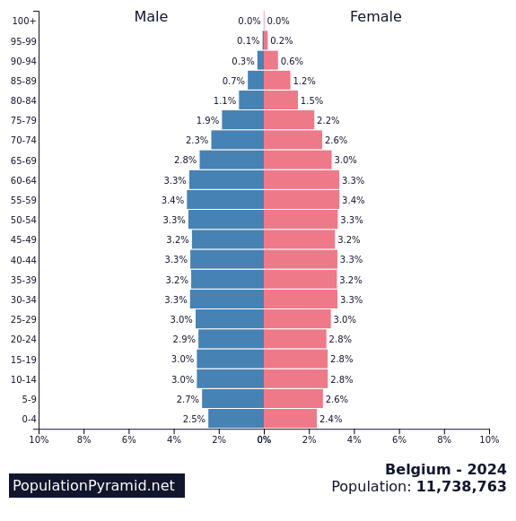Bevolkingspiramide van België - een smallere basis (lagere percentage van jongerenbevolking) gaat gepaard met een bredere top (hoger percentage van oudere mensen).