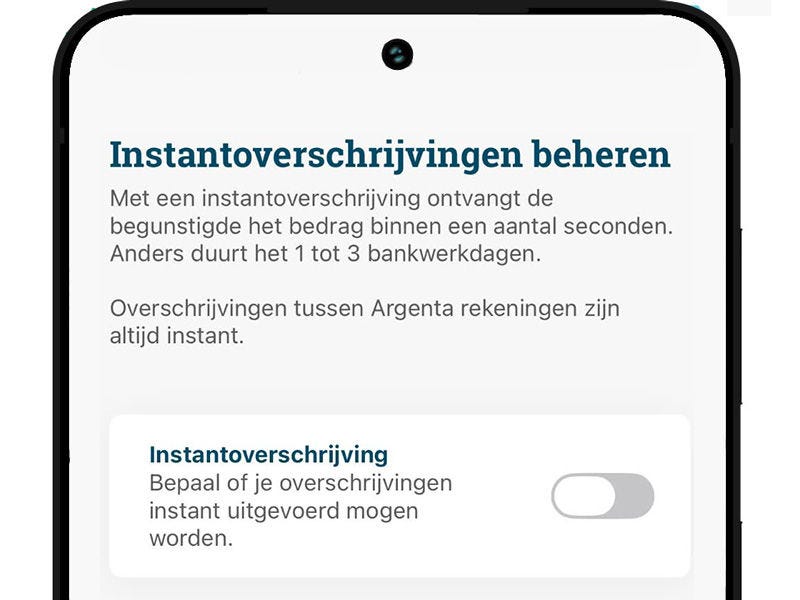 Afbeelding van de Argenta-app, waar je instantoverschrijving kunt aan- of uitschakelen