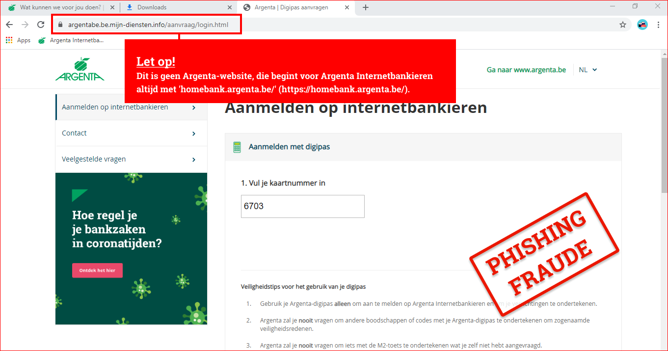 Screenshot van een valse website die begint met argentabe.be. Argenta Internetbankieren begint met homebank.argenta.be