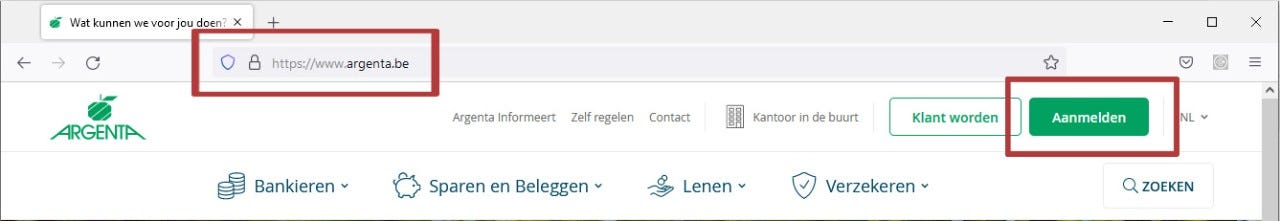 Aanmelden op Argenta Internetbankieren, rechtsboven op www.argenta.be