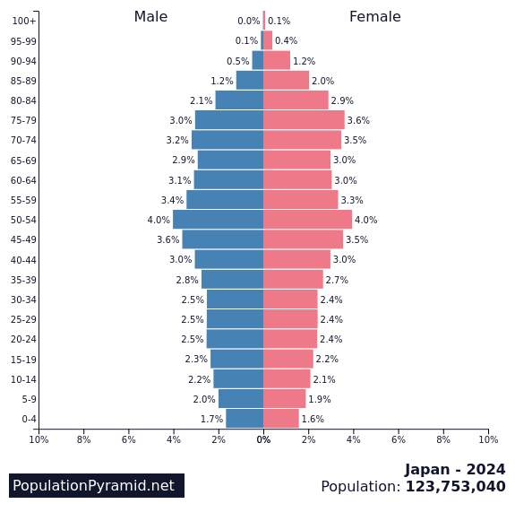 Bevolkingspiramide van Japan - een smallere basis (lagere percentage van jongerenbevolking) gaat gepaard met een bredere top (hoger percentage van oudere mensen).