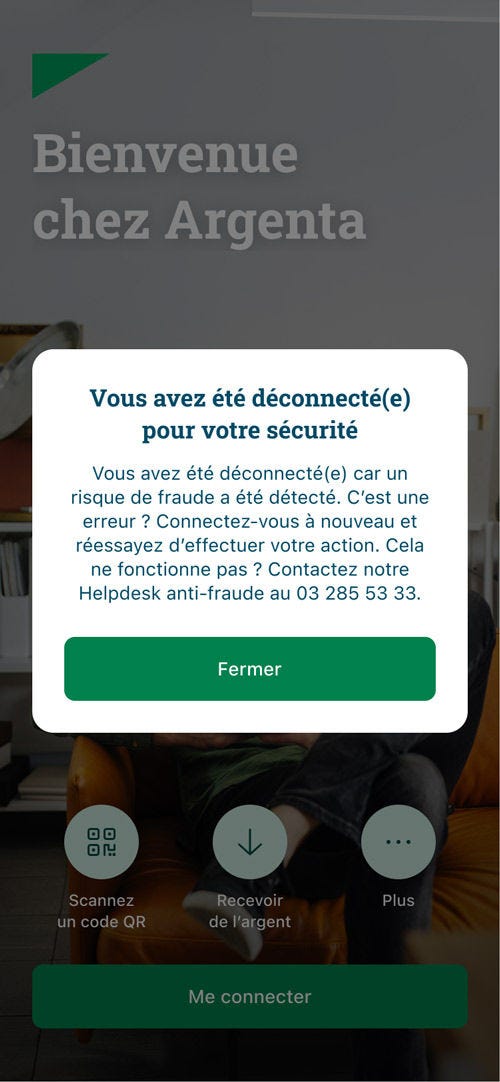 Beeld van de Argenta-app, met melding 'Je bent uitgelogd voor je veiligheid'