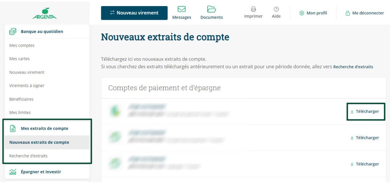 Capture d'écran des extraits de compte dans Argenta Banque par Internet