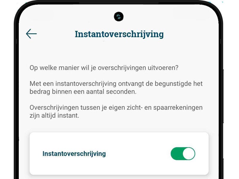 Afbeelding van de Argenta-app, waar je instantoverschrijving kunt aan- of uitschakelen