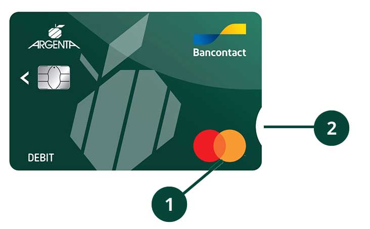 Debit Mastercard Pro van Argenta, met aanduiding van logo en inkeping