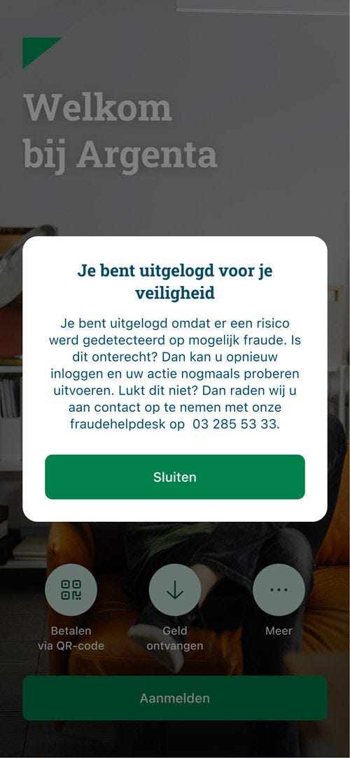 Beeld van de Argenta-app, met melding 'Je bent uitgelogd voor je veiligheid'