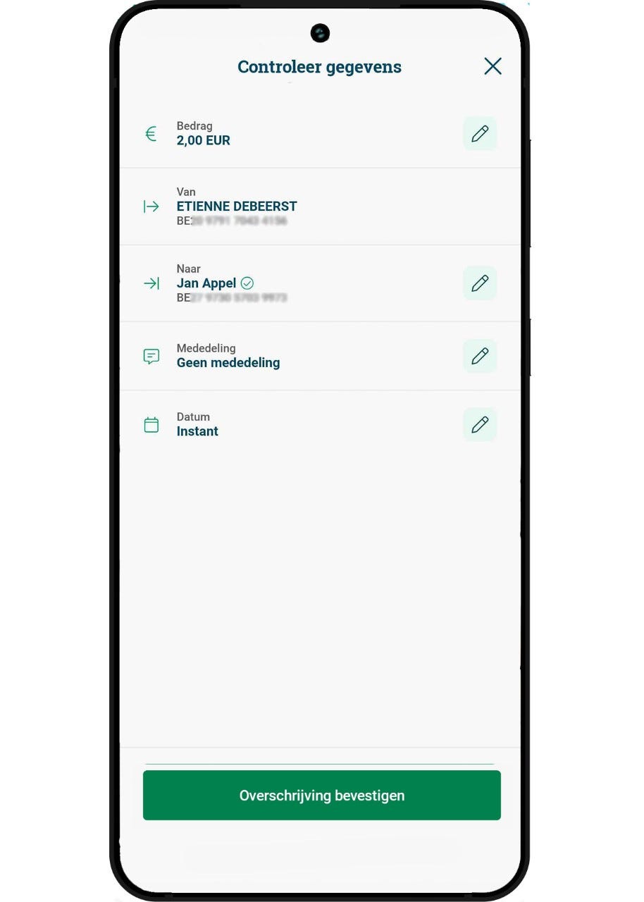 Screenshot instantoverschrijving in de Argenta-app