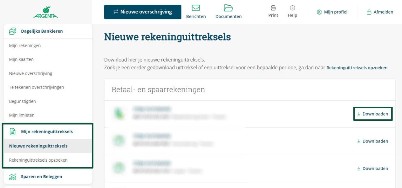 Screenshot rekeninguittreksels in Argenta Internetbankieren