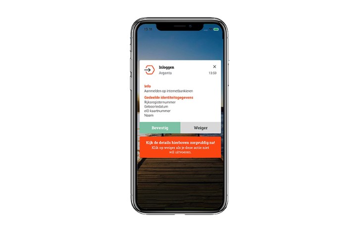 Screenshot van de itsme-app, waar je je registratie moet bevestigen