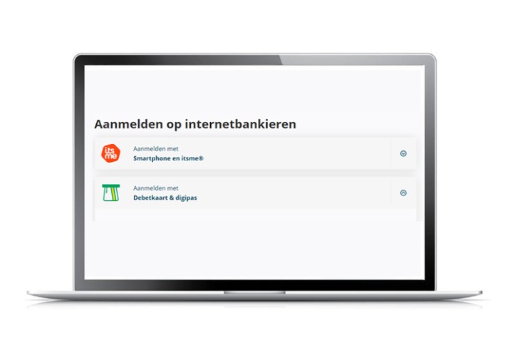 Screenshot van het keuzemenu, waarbij je kunt kiezen tussen itsme of debetkaart en digipass