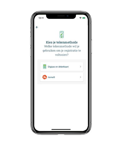 keuzemenu voor de tekenmethode: Digipass en debetkaart of itsme