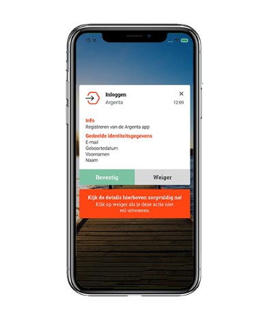 Screenshot van de itsme-app, waar je je registratie moet bevestigen