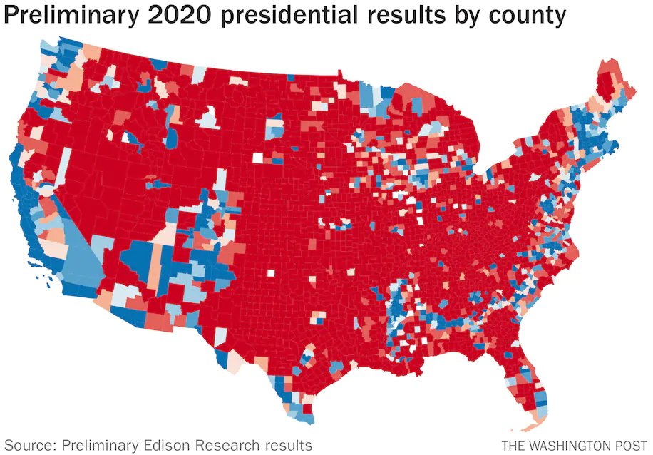 Résultats électoraux provisoires aux États-Unis par comté.