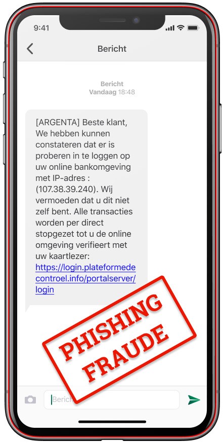Afbeelding van een smartphone met een voorbeeld van een Phishing-sms