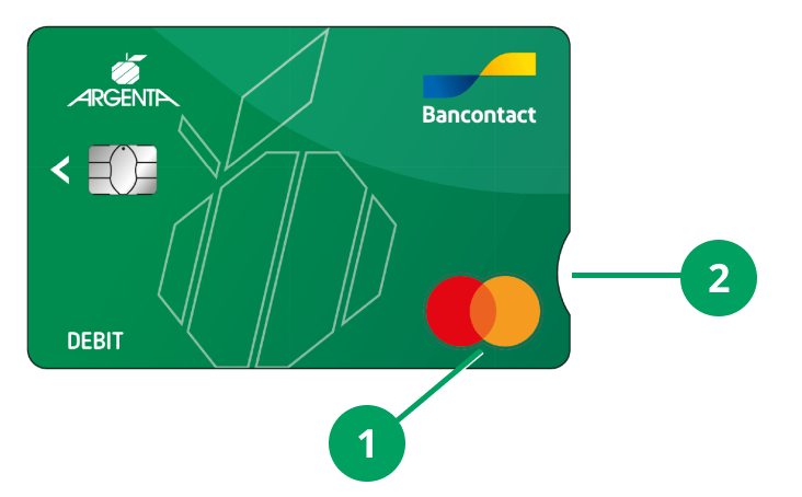 Debit Mastercard van Argenta, met aanduiding van logo en inkeping